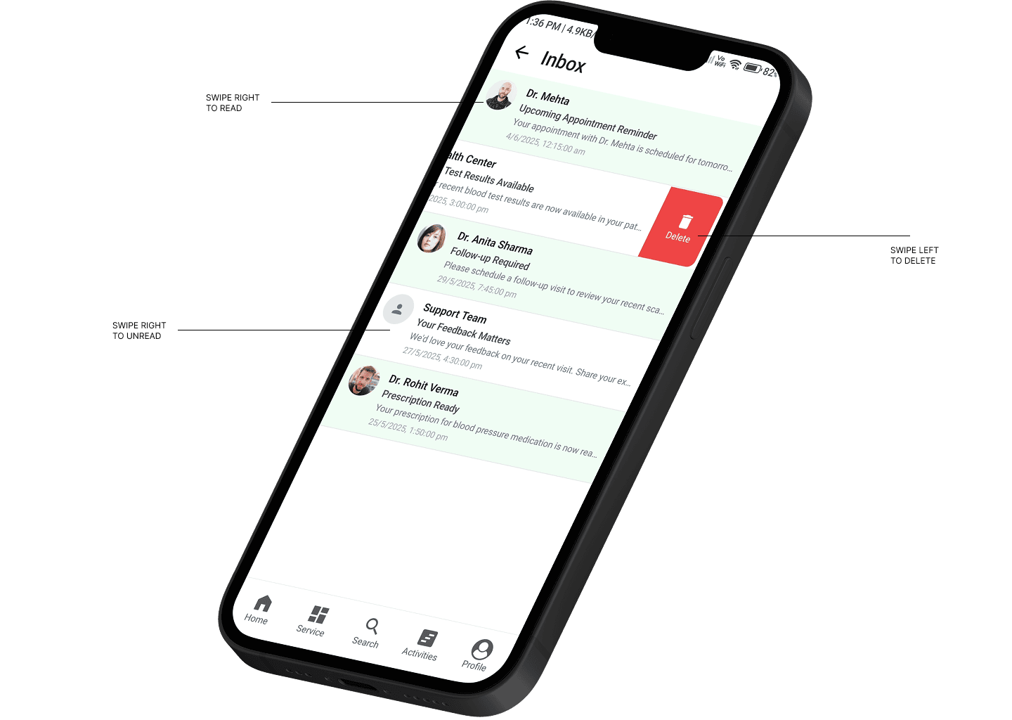 Swipe actions for  patient inbox